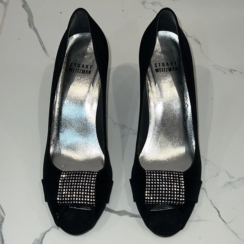 Stuart Weitzman Black Satin Jewel Embellished Peep toe pumps shoes size 6.5 M - Picture 3 of 15